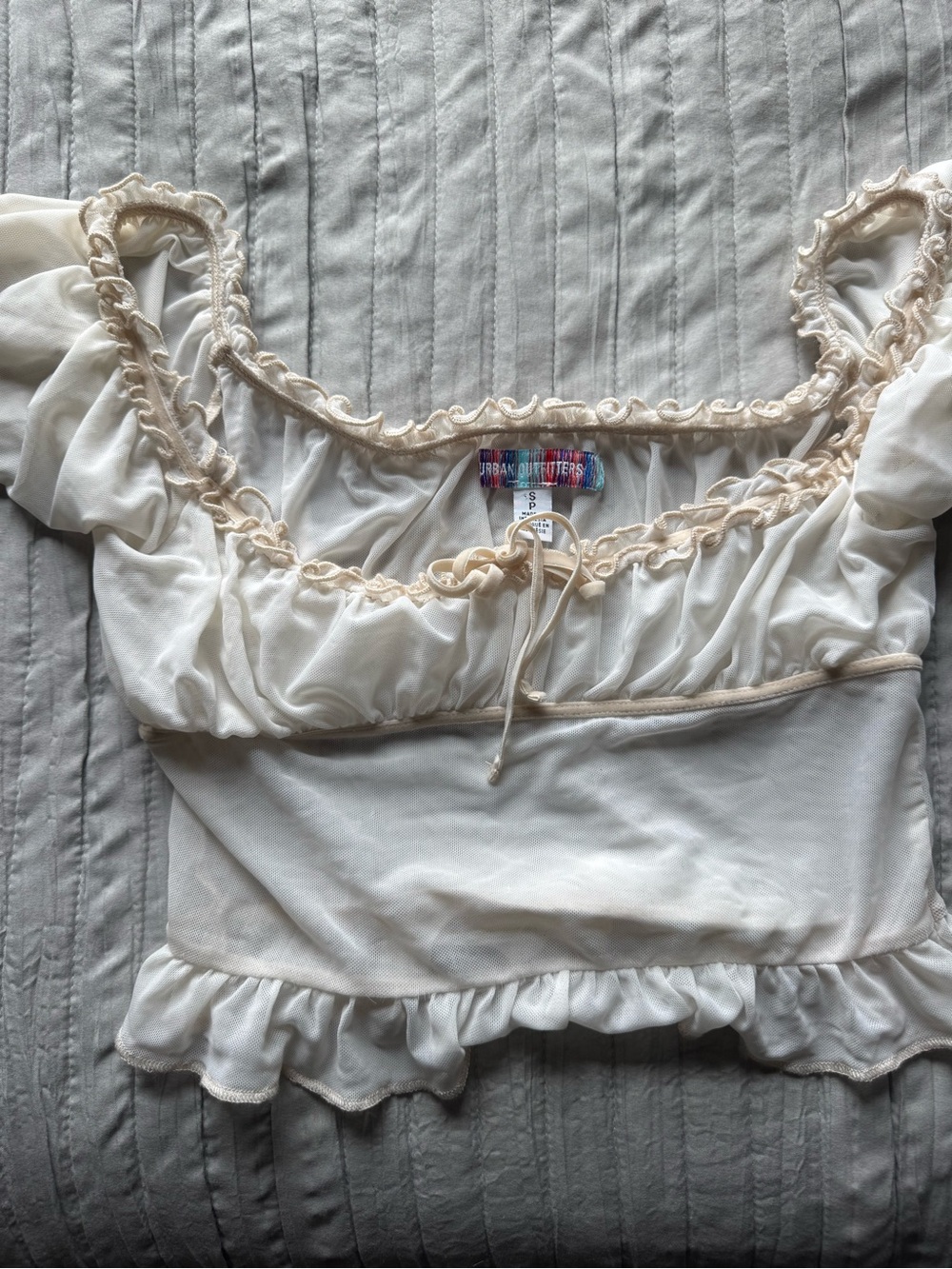 Urban Outfitters Cream Ruffled Crop Top with Tie Neck